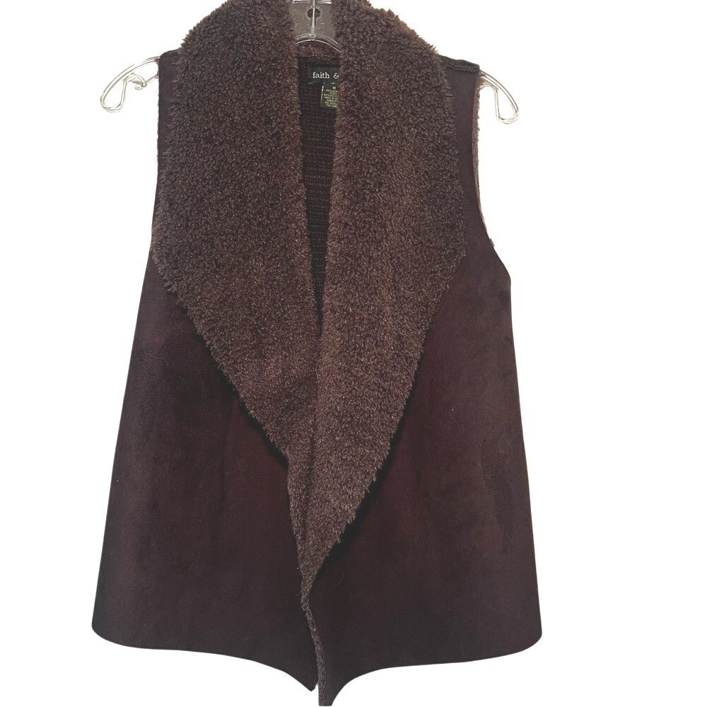 Faith & Zoe Women's Brown Faux Suede Sherpa Collar Vest Size Medium